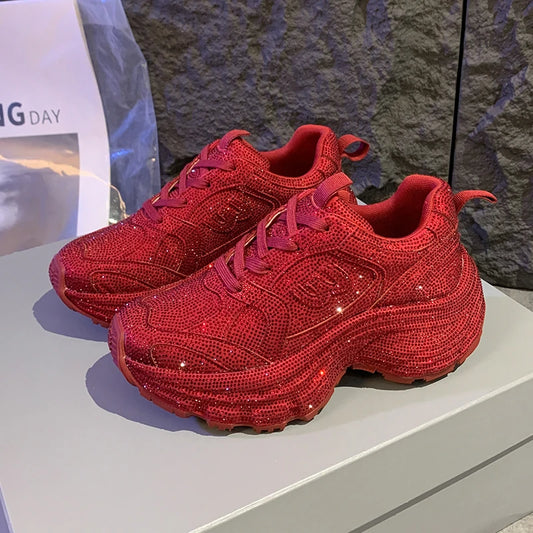 New Women's Fashion Running Shoes Luxury Designer Diamond Shining Casual Sports Shoes Women's Thick soled Casual Shoes